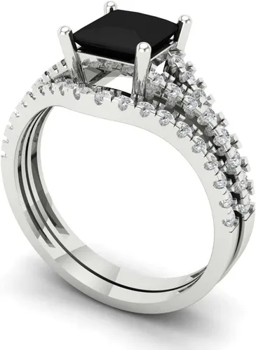 Vista 2 de Anillo de compromiso de ónix negro natural con grabado personalizado de corte princesa de 2.01 quilates para boda, juego de novia curvado, oro
