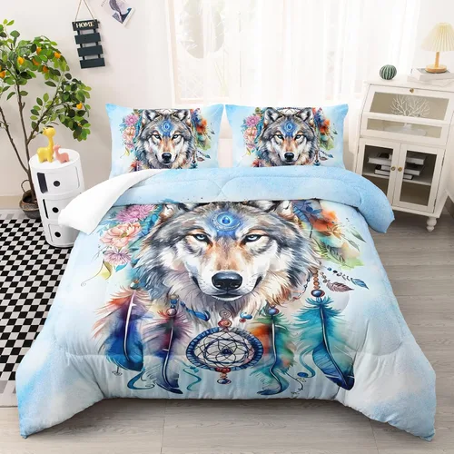 Vista 16 de AILONEN Juego de edredón con cabeza de lobo impresa tamaño individual, juego de ropa de cama de lobo para la noche para niños y hombres, juego