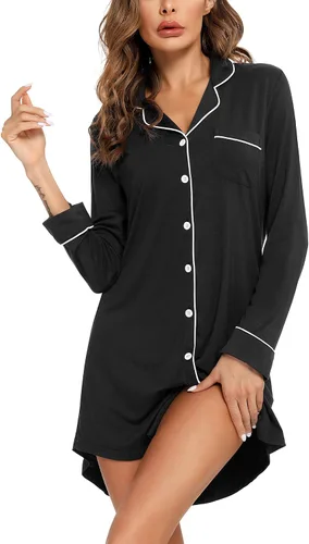 Vista 109 de Samring Camisón de pijama para mujer, manga corta/larga, con botones, camisón para dormir, camisón para novio, talla XXL