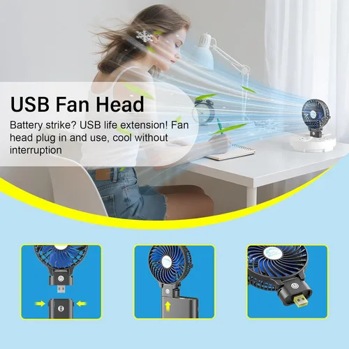 Vista 4 de HandFan Ventilador de mano portátil de 10400 mAh, ventilador de mano de larga duración de 40 horas recargable, mini ventiladores personales Hoja azul
