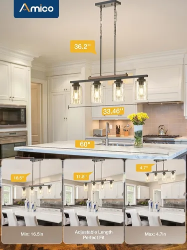 Vista 6 de Amico Lámpara de Comedor de 4 Luces para Isla de Cocina con Varillas Ajustables, Candelabro de Decoración Rústica de Metal Negro y Madera