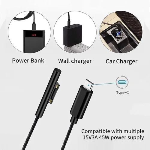 Vista 4 de Adaptador de carga rápida USB-C a Surface Pro, cable negro tipo C, requiere 15V/3A 45W PD USB-C cargador para Microsoft Surface Pro 7/6/5/4/3/X
