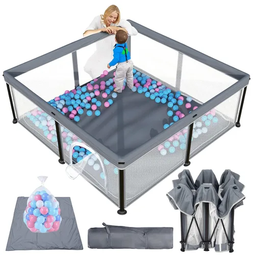 Vista 9 de TOREVSIOR Corralito plegable para bebés con alfombra, 50"×50" corralito plegable para bebés y niños pequeños, corral de seguridad para niños