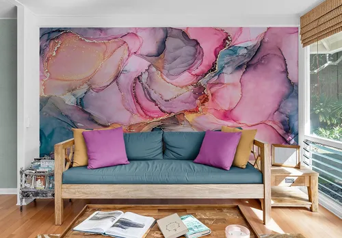 Vista 7 de Mural de pared abstracto con diseño de tinta de alcohol. Diseño de ágata (patrón de color rosa, azul y dorado) Papel tapiz removible para despegar