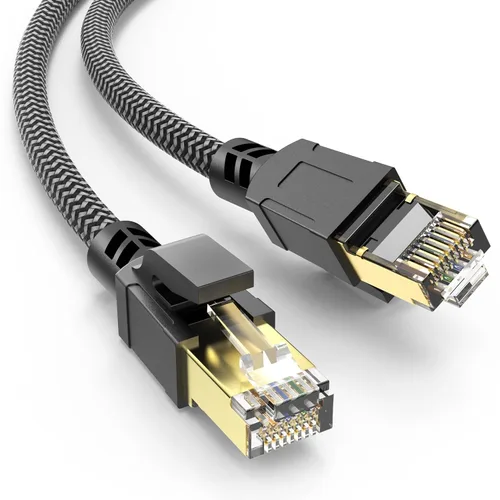Vista 14 de Cable Ethernet Cat 8 de 1 pie, paquete de 10 unidades, multicolor, cable de conexión LAN trenzado de nailon de alta velocidad, cable plano de Negro