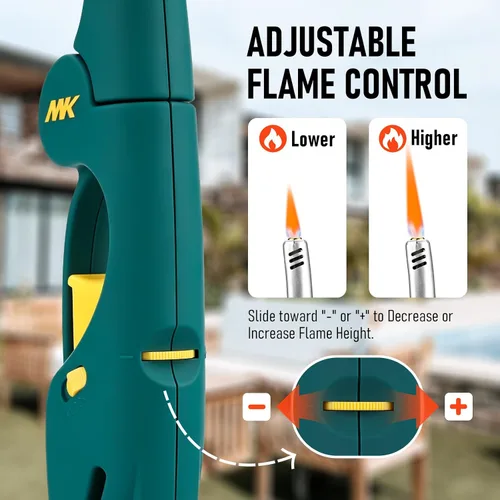 Vista 3 de MK - Encendedor largo, resistente al viento, recargable, con cuello plegable, llama ajustable, bloqueo de seguridad y ventana de combustible