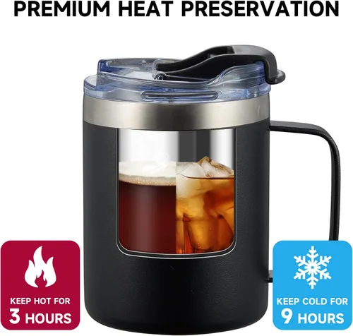 Vista 4 de Taza de café aislada de 12 onzas con asa, taza de café de viaje de acero inoxidable con tapa abatible, vaso de café de doble pared con aislamiento