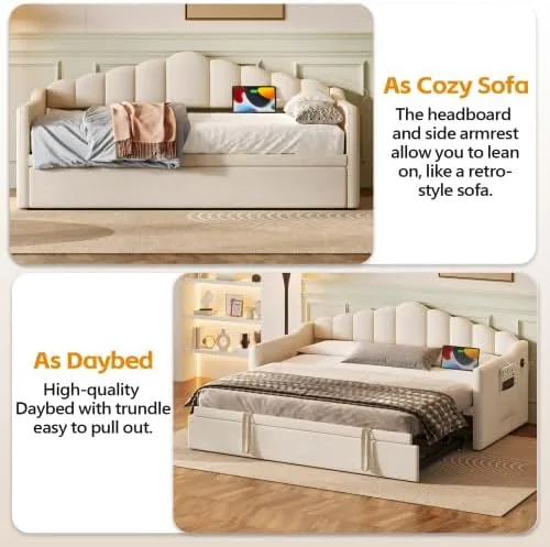 Vista 5 de Bellemave Sofá cama tapizado de tamaño individual con nido desplegable, marco de cama de día individual con puertos de carga USB y tipo C, sofá cama