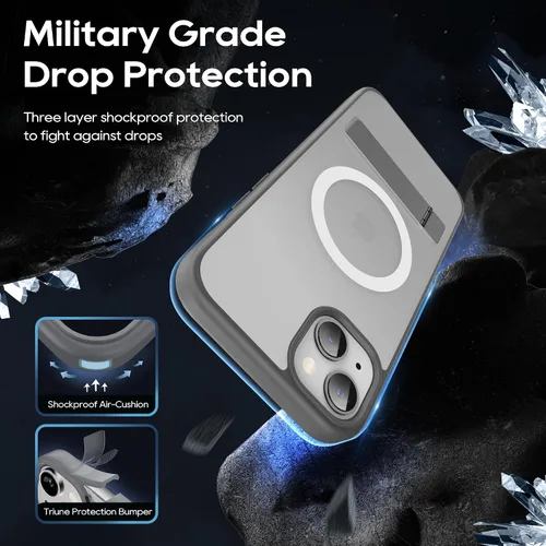 Vista 6 de Funda magnética para iPhone 15 Plus con soporte, soporte delgado con protector de pantalla compatible con MagSafe a prueba de golpes, translúcidas