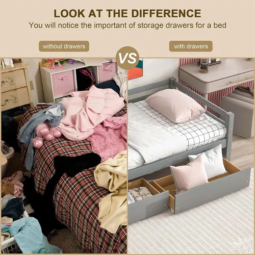 Vista 5 de Marco de sofá cama de madera de tamaño individual con 2 cajones de almacenamiento, sofá cama multifuncional con soporte de listones de madera