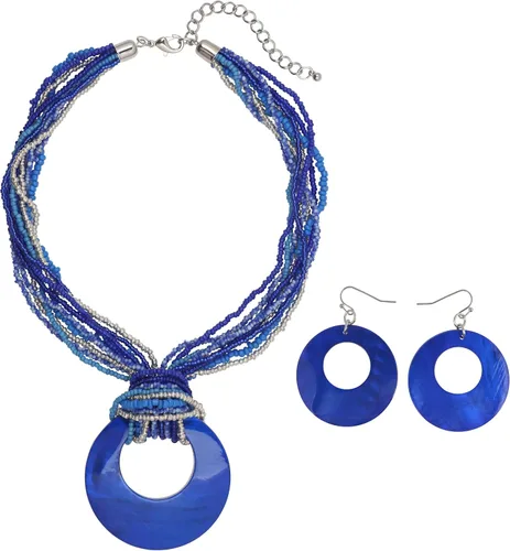 Vista 9 de Coiris Collar de varias vueltas con cuentas coloridas y gran colgante de concha circular para mujer Negro
