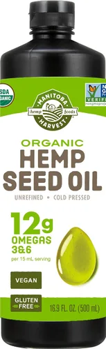 Vista 6 de Aceite de cáñamo orgánico Manitoba Harvest, prensado en frío, 0.24 oz (12 gr) de omegas 3 y 6 por porción, sin transgénicos, 8.45 fl oz