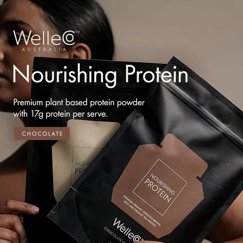 Vista 2 de WelleCo Proteína de chocolate en polvo a base de plantas, mezcla de arroz integral orgánico y guisantes, 0.56 oz de proteína por porción, suplemento