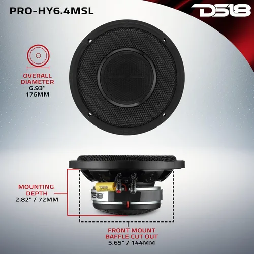 Vista 6 de DS18 PRO-HY6.4MSL - Altavoz híbrido de audio para automóvil de rango medio poco profundo de 6.5 pulgadas con driver integrado y rejilla incluidos