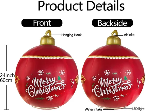 Vista 6 de Bola de Navidad inflable de cloruro de polivinilo iluminada, con luz LED de 24 pulgadas, decoración de Navidad al aire libre, bola inflable decorada