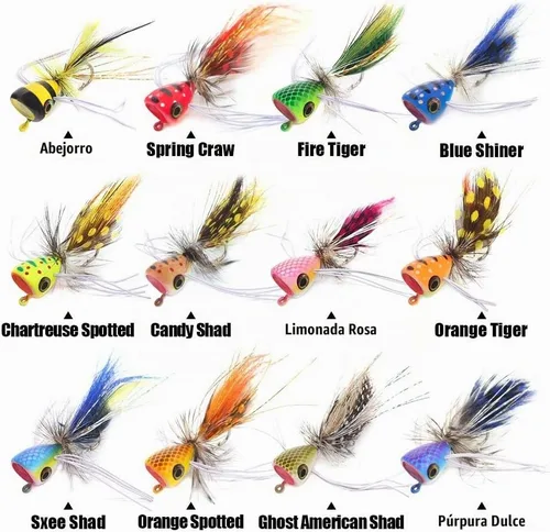 Vista 4 de Popper-Flies-para-mosca-pesca-topwater-panfish-bluegill-bajo-poppers moscas insectos señuelos A-Bass Poppers Flies-12pcs