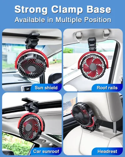 Vista 7 de Ventilador con clip de batería para visera de automóvil Asiento Rojo