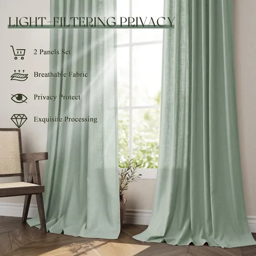 Vista 6 de Jowels Cortinas de lino verde aguamarina con ojales de 84 pulgadas de longitud para sala de estar Semi Sheer Light Filtering Privacy Curtains