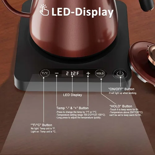 Vista 4 de Gooseneck Electric Kettle 1.0L,1000W, Smart, Pour Over, Copper 104-212°F, LED Digital Display, Touch control, Keep Warm, 304 SS BPA-Free, Auto