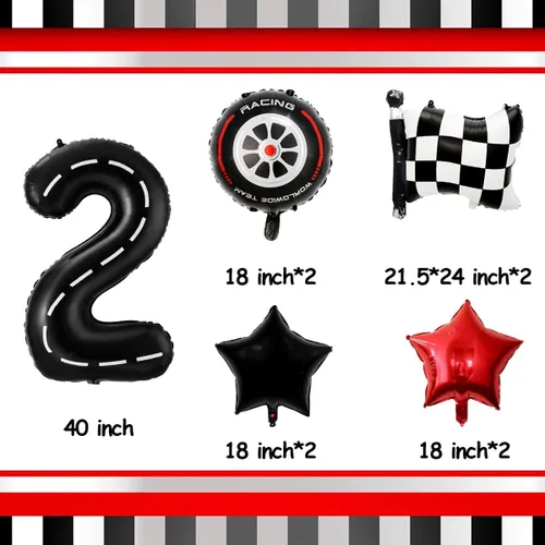 Vista 2 de Decoraciones de fiesta de cumpleaños de auto de carreras, globo negro número 2 de 40 pulgadas, globo de aluminio para decoración de cumpleaños