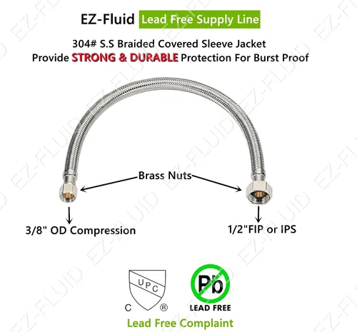 Vista 3 de EZ-Fluid (1) Línea de suministro de agua de 9 pulgadas, Fip de 1/2 pulgadas x 3/8 pulgadas Comp LF, tuercas de latón, conector de línea