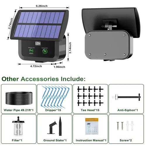 Vista 9 de Kit de sistema de riego por goteo solar con pantalla LCD, 30 modos de trabajo y 10 intervalos de riego, kit de riego por goteo alimentado por