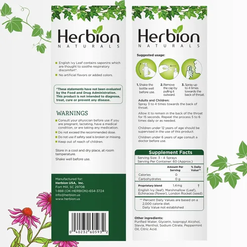 Vista 3 de HERBION Naturals - Spray para garganta, alivia las molestias respiratorias con el poder de los extractos de hiedra inglesa, malvavisco y equinácea