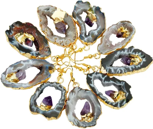 Vista 3 de SUNYIK Pendientes colgantes de rodaja de geoda de ágata natural de cuarzo druzy, con cristal de amatista, pendientes de gota chapados en oro