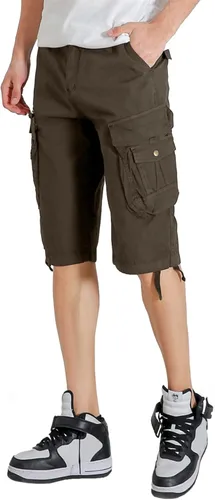 Vista 5 de Pantalones cortos cargo con cintura elástica para hombre, con bolsillo con cremallera, ajuste relajado, elásticos, ligeros, de algodón