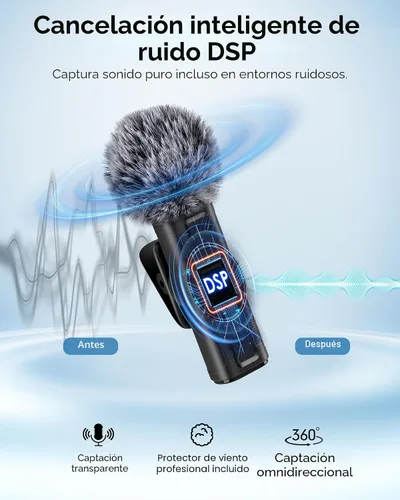 Vista 3 de Mini micrófono inalámbrico para iPhone, iPad, Android, paquete de 2 micrófonos Lavalier con clip giratorio de 360°, micrófono USB-C con reducción
