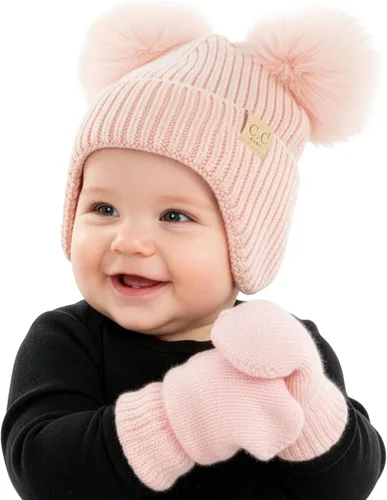 Vista 24 de Funky Junque Conjunto de gorro y mitones con doble pompón de pelo sintético para bebé – Gorro de invierno para recién nacidos de 0–9 meses