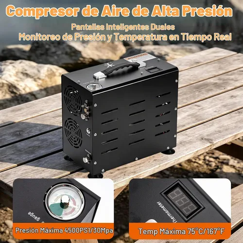 Vista 3 de TUXING Compresor de aire PCP de 4500 PSI Compresor de tanque de buceo de doble cilindro de 800 W Sistema de enfriamiento de ventilador integrado