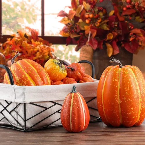 Vista 7 de Ywlake 16 piezas de calabazas de otoño, decorativas grandes y pequeñas para exteriores, de espuma naranja, de plástico, falsas, calabazas