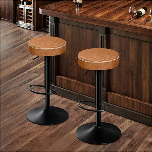 Vista 11 de STOOLINK Juego de 2 taburetes de bar ajustables sin respaldo de cocina con asiento redondo, taburetes de bar giratorios de 360° de altura de Gris
