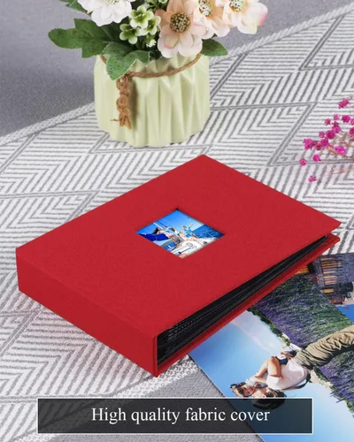 Vista 8 de Álbum de fotos pequeño de 4 x 6 pulgadas, paquete de 2 unidades con capacidad para 56 imágenes, cubierta de lino con ventana frontal, bolsillo