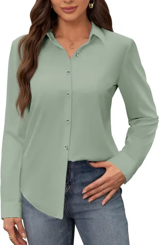 Vista 34 de Siliteelon - Camisas de vestir para mujer, a prueba de manchas, sin arrugas, de manga larga, sólidas, para trabajo y negocios, con botones