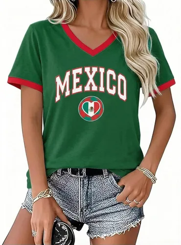Vista 11 de Camiseta de fútbol 2026 para mujer, camisetas de México, camiseta de Brasil, camisetas gráficas divertidas de fútbol Y2K con cuello en V