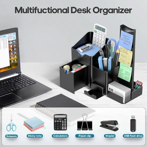 Vista 5 de KDD Organizador de bolígrafos con soporte para auriculares, soporte para lápices para escritorio con cajón y tarjetero, juego organizador