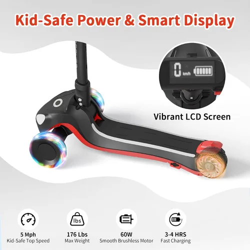 Vista 2 de 3-Wheel Electric Scooter for Kids Ages 4-8, 5 MPH, 3 Adjustable Heights Negro