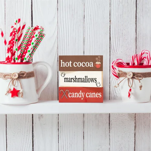 Vista 5 de Juego de 3 piezas de bloques de madera de malvaviscos de chocolate caliente, decoración navideña para barra de cacao caliente o estante
