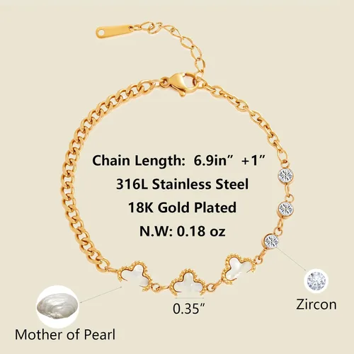 Vista 5 de FIORICASA Pulsera de trébol de cuatro hojas para mujer, chapada en oro de 18 quilates, pulsera ajustable