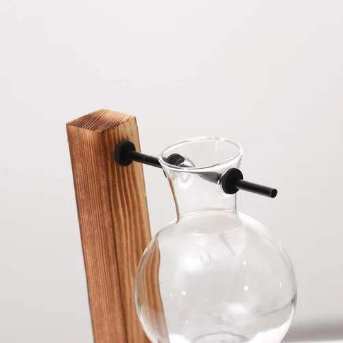 Vista 5 de Kingbuy Florero de Bulbo de Vidrio Macetero Terrario de Plantas de Escritorio con Soporte Retro de Madera Sólida para Propagación Hidropónica