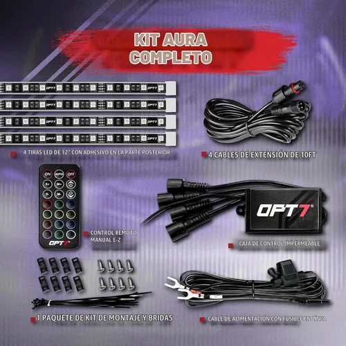 Vista 2 de OPT7 Aura Engine Bay - Kit de luz LED RGB con control remoto, 4 tiras de luz impermeables de 12 pulgadas para debajo del capó, modo multicolor