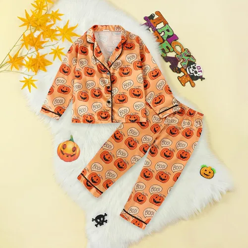 Vista 2 de Pijamas de Halloween para niños y niñas pequeñas, pijamas de seda de calabaza, manga larga, con botones, pantalones y 2 piezas