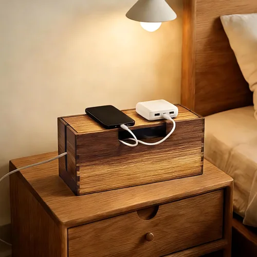 Vista 3 de Caja de gestión de cables de madera de acacia, organizador de cables de madera para regleta de alimentación, almacenamiento de cables