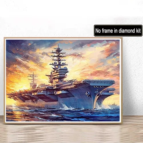Vista 2 de Pintura artística de diamante, portaaviones, buque de guerra, Segunda Guerra Mundial, tema militar, kit de ventilador del ejército para adultos