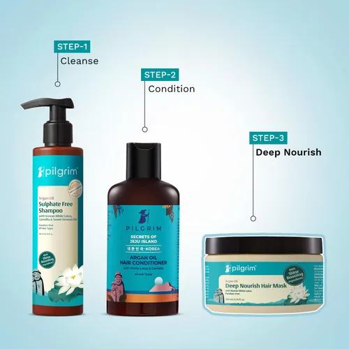 Vista 7 de Pilgrim Mascarilla capilar de aceite de argán coreano con loto blanco y camelia, acondicionador profundo e hidratación para cabello seco dañado