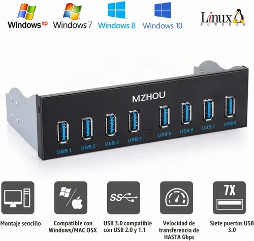 Vista 2 de Tarjeta de expansión de concentrador de panel frontal USB 3.0 de 8 puertos - con cables de 19 pines y SATA, 5 tornillos de montaje - Compatible