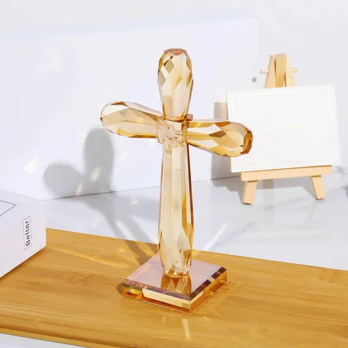 Vista 6 de YWHL Cruz de pie de cristal champagne, regalos religiosos para mujeres y hombres, figuras coleccionables de cruz de Pascua de vidrio hechas a mano