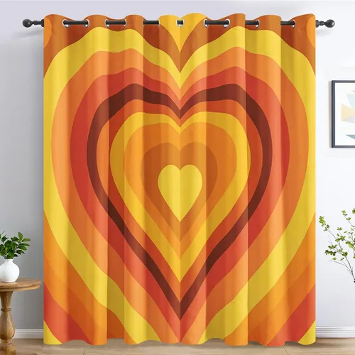 Vista 2 de Groovy Heart Curtains for Living Room 84 Inch Length, 60S 70S Retro Blackout Curtains Bedroom Decor, Hippie Orange Aesthetic Grommet Thermal Black